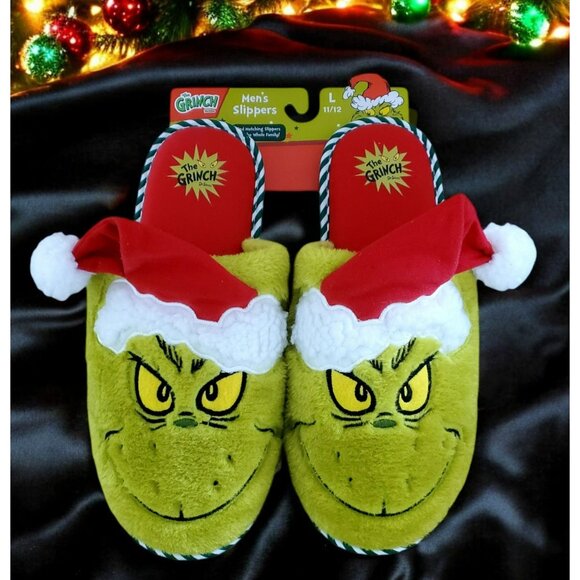 The Grinch Other - New Grinch Santa Slippers Green Red Plush Christmas House Shoes Mens Large 11/12
